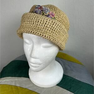 Vintage 90s- Woven Paper Hat- Flower Sequin Detail- Sz 7-14 preppy